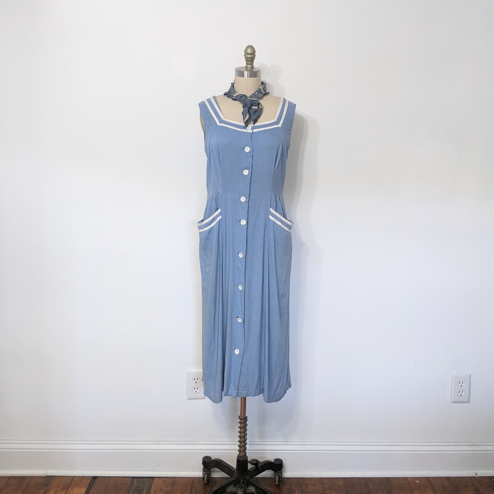 (41) vtg 1940s blue white day dress